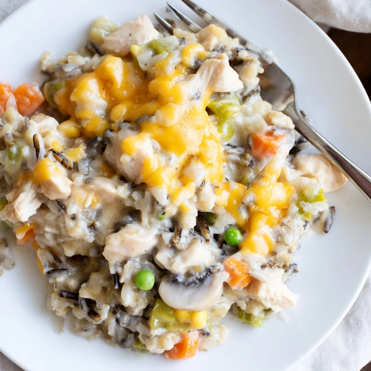Creamy Chicken and Wild Rice Casserole topped with melted cheddar and fresh herbs.  