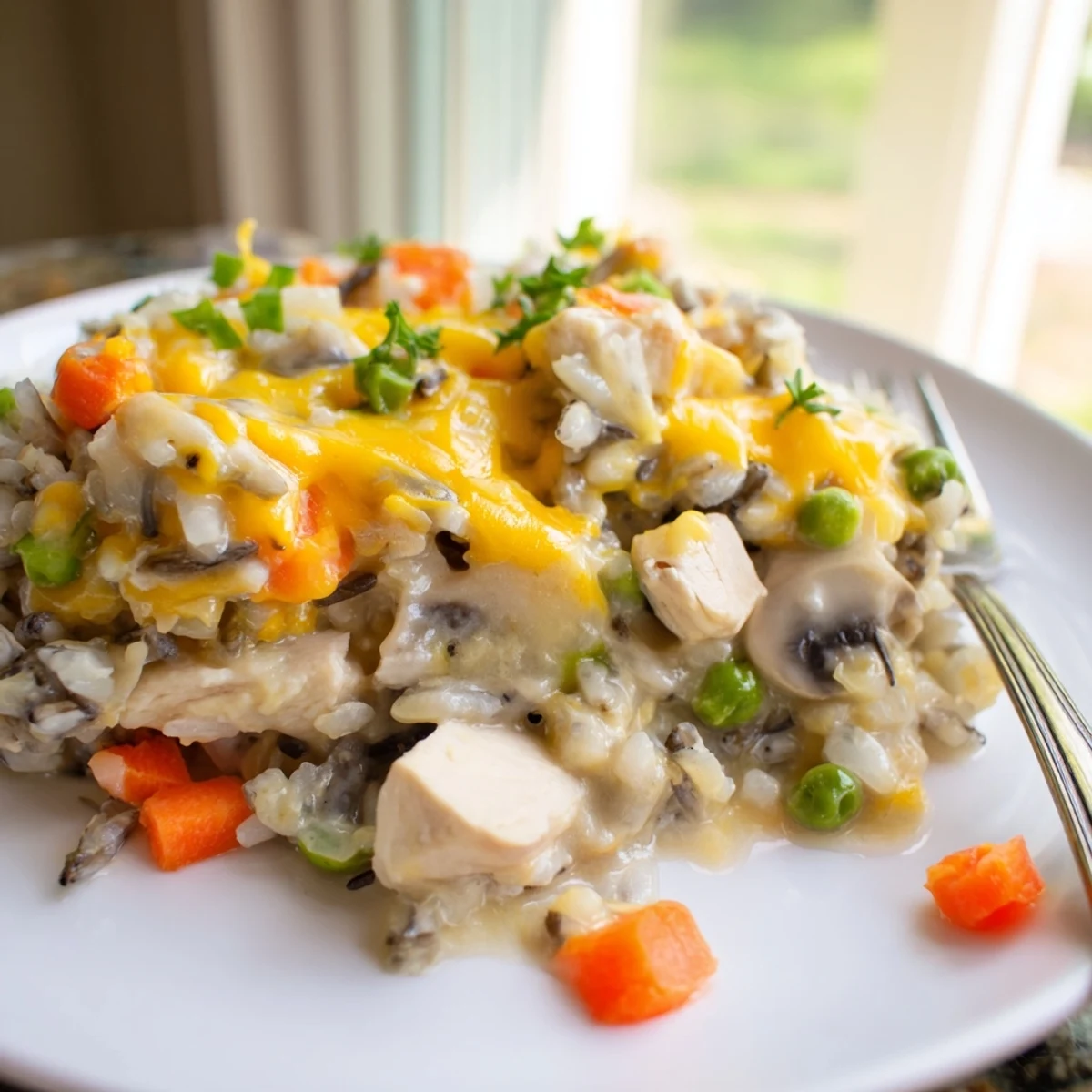 Warm and comforting Creamy Chicken and Wild Rice Casserole perfect for family gatherings.  