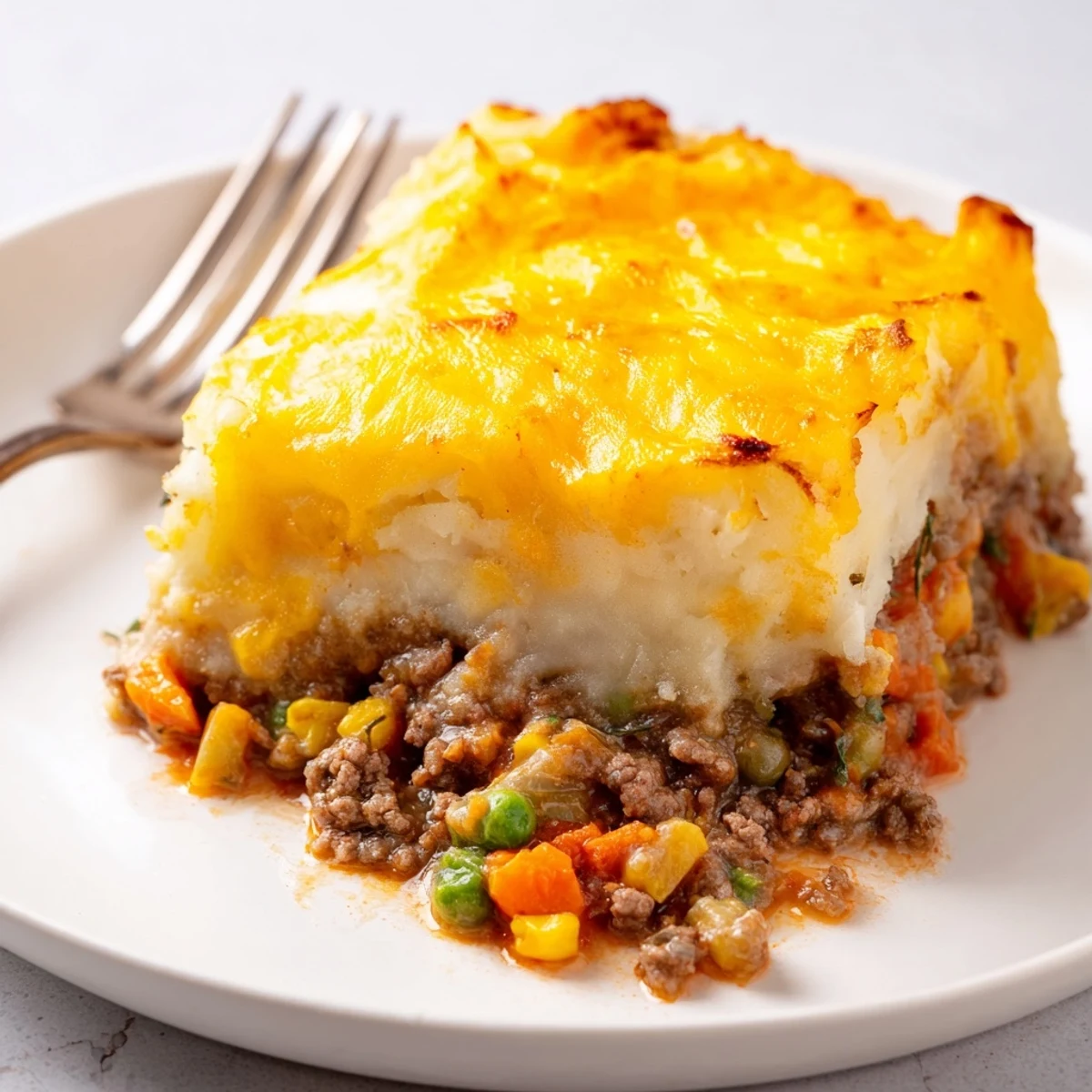 Classic Shepherd's Pie with cheesy topping, golden crust, and savory lamb filling.  