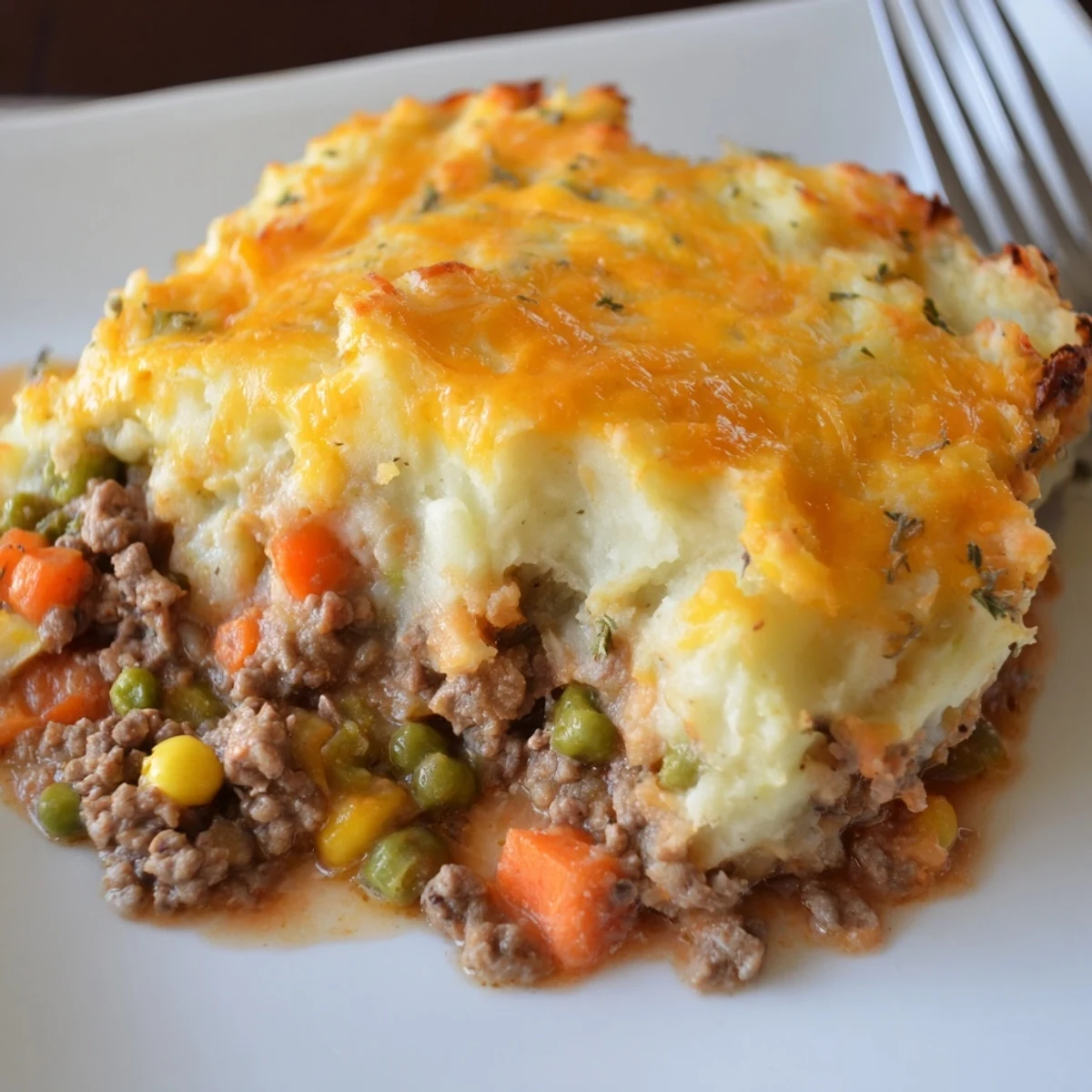 Comforting Shepherd's Pie, featuring creamy potatoes and flavorful ground lamb beneath.  