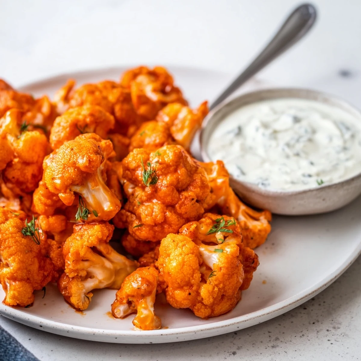 Crispy Buffalo Cauliflower Bites served with creamy ranch dip for a tasty appetizer.  