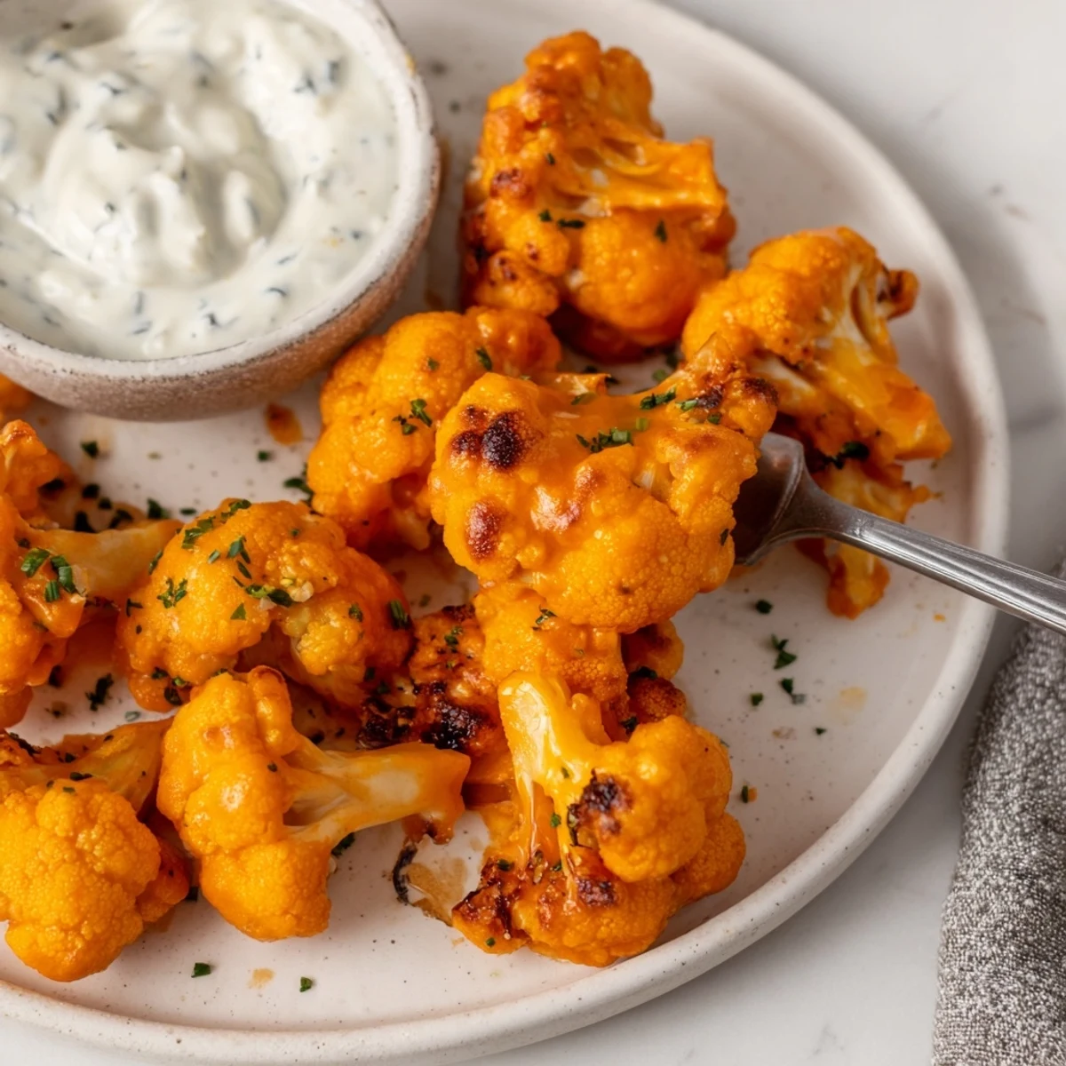Golden, baked Buffalo Cauliflower Bites paired with zesty ranch dressing for dipping.