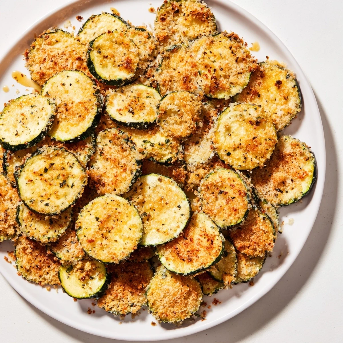Crispy Parmesan Zucchini Chips served warm with marinara sauce, perfect for snacking.  