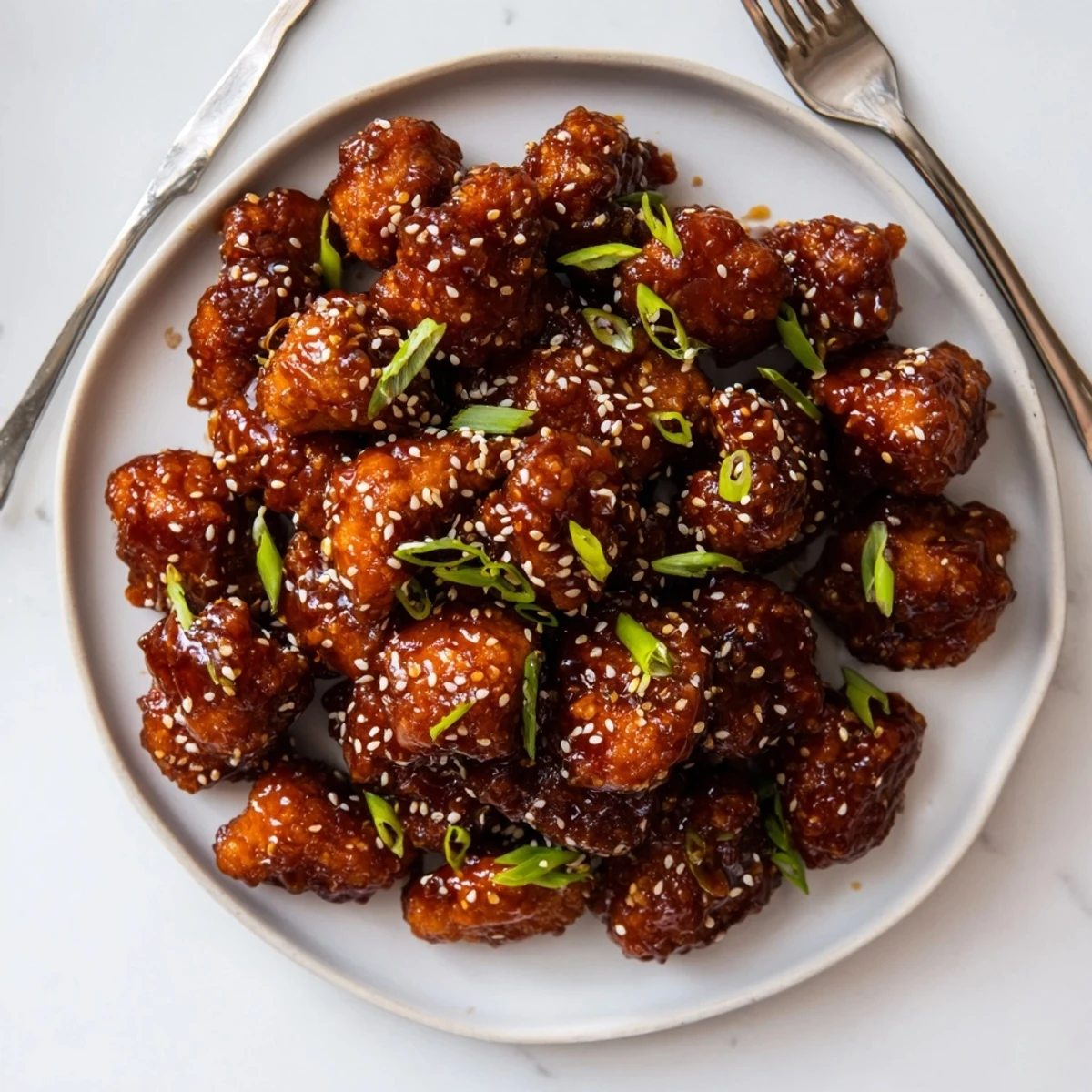 Tender honey Sriracha glazed chicken bites garnished with sesame seeds and green onions.  