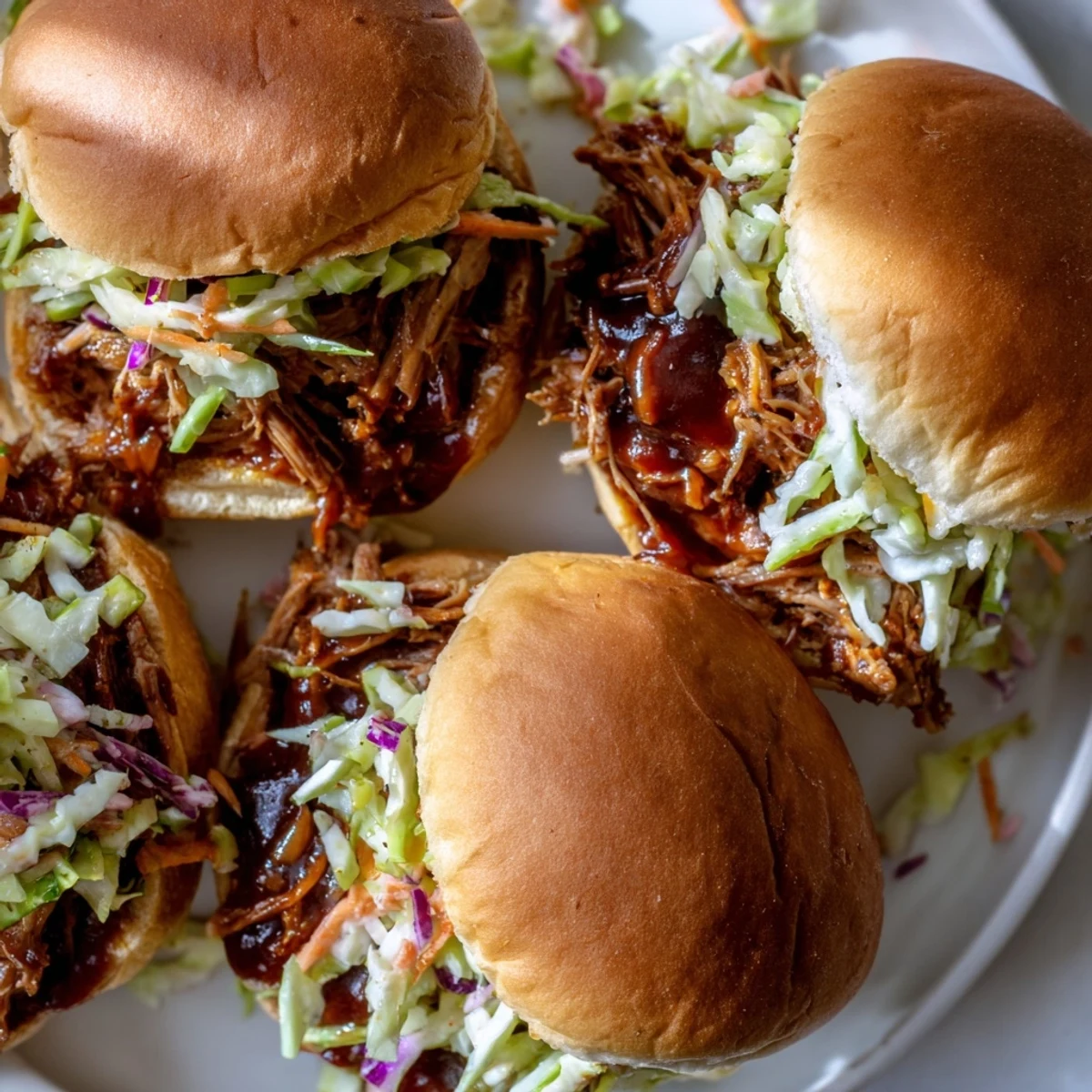 Tender tangy BBQ pulled pork sliders topped with crisp slaw, perfect for gatherings.  