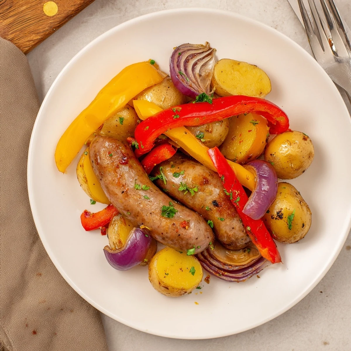 Hearty One-Pan Sausage, Peppers, and Potatoes cooked with vibrant vegetables and spices.  