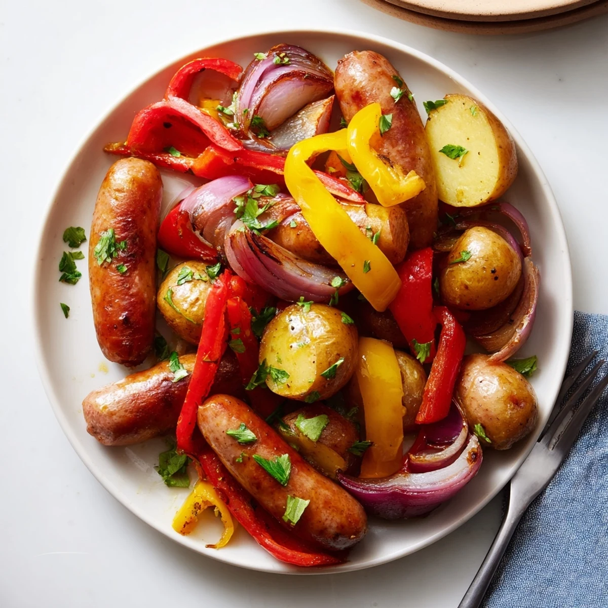 Sizzling One-Pan Sausage, Peppers, and Potatoes dish, perfect for a cozy weeknight meal.  