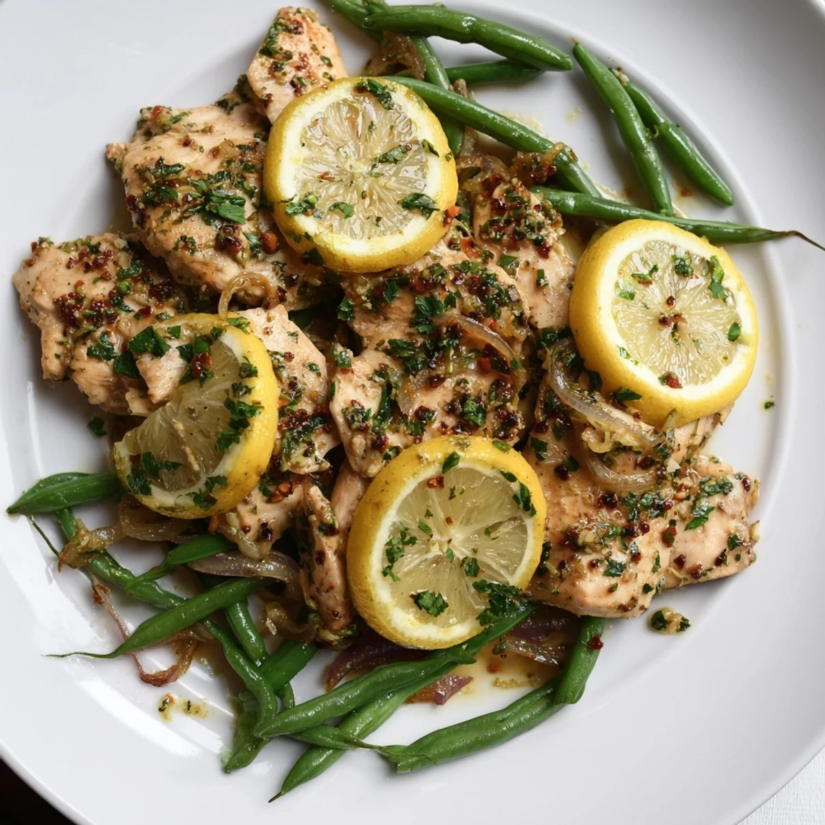 Juicy One-Pan Lemon Herb Chicken with Green Beans, garnished with fresh parsley.  