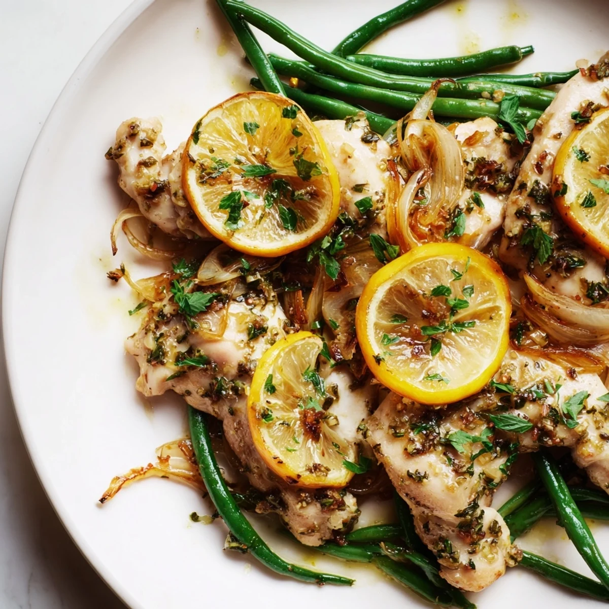 Succulent One-Pan Lemon Herb Chicken alongside crisp green beans, perfect for dinner.