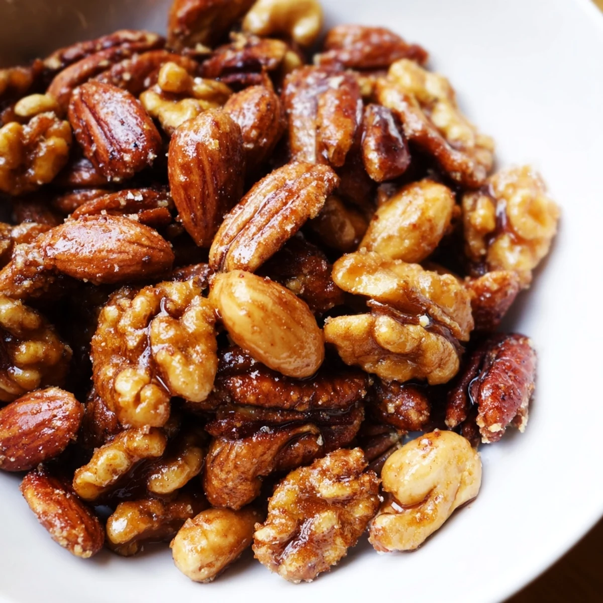 Crunchy sweet and spicy roasted nuts glazed with maple syrup, perfect for snacking.  