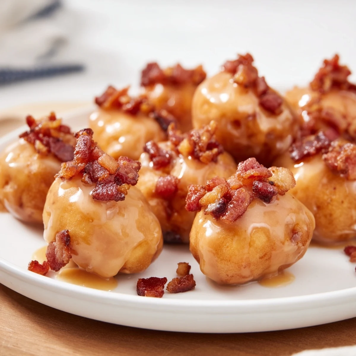 Tender maple bacon donut holes, drizzled with sweet glaze, perfect for breakfast treats.  