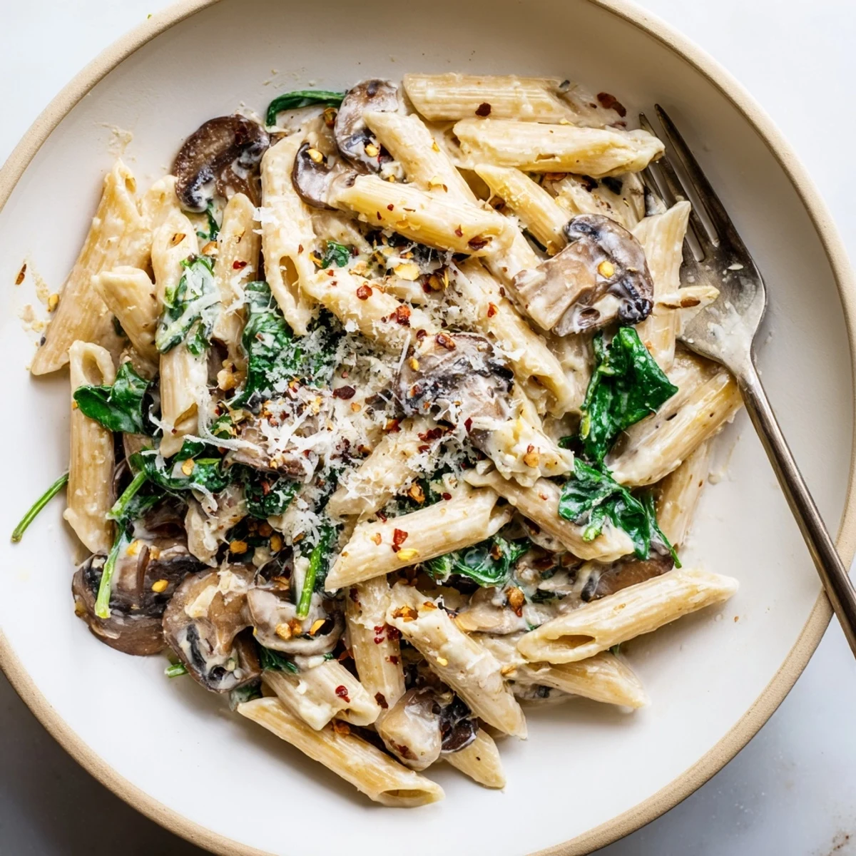 Creamy One-Pot Spinach and Mushroom Pasta simmered in garlic, ready to enjoy.  