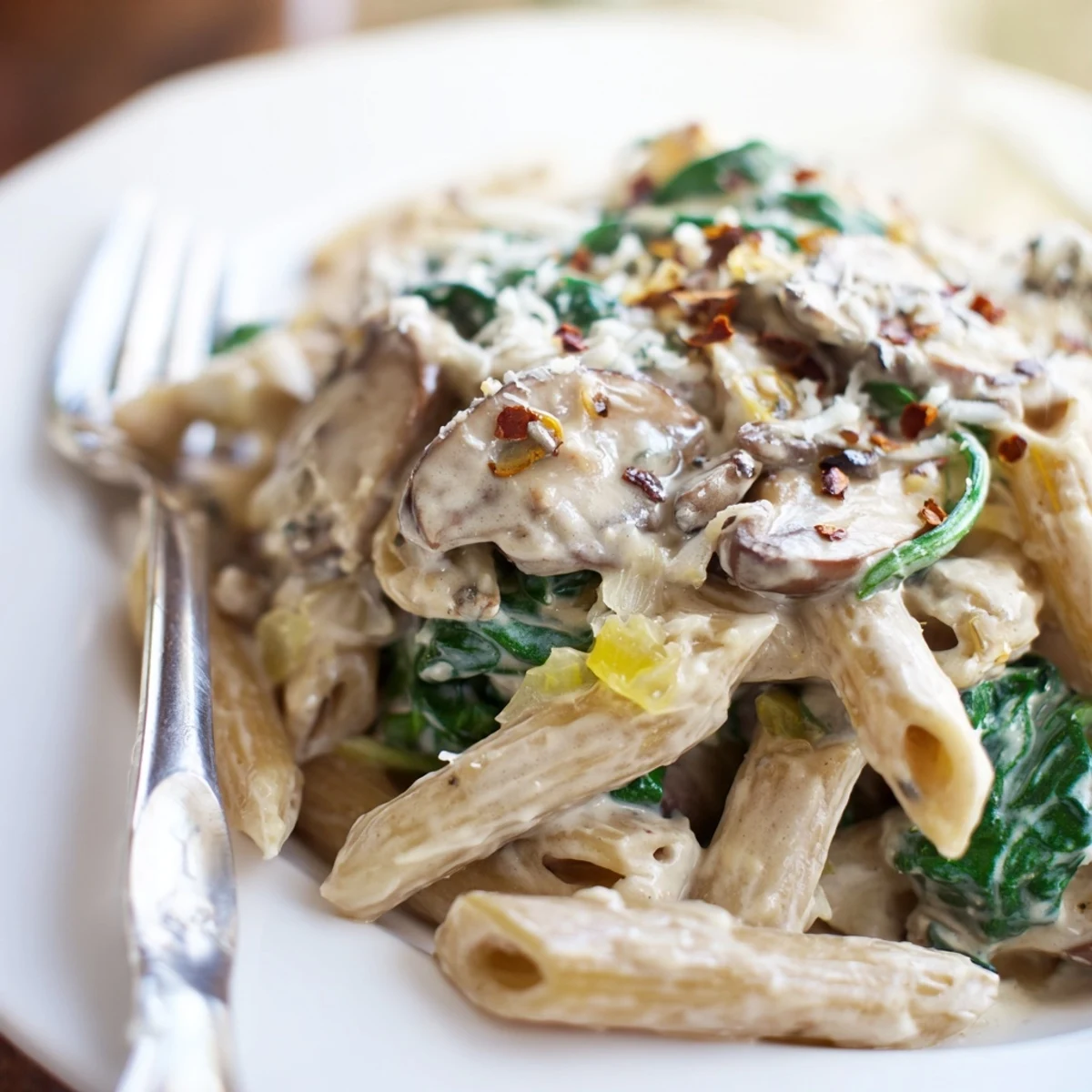 Comforting one-pot spinach and mushroom pasta bursting with flavor and texture.