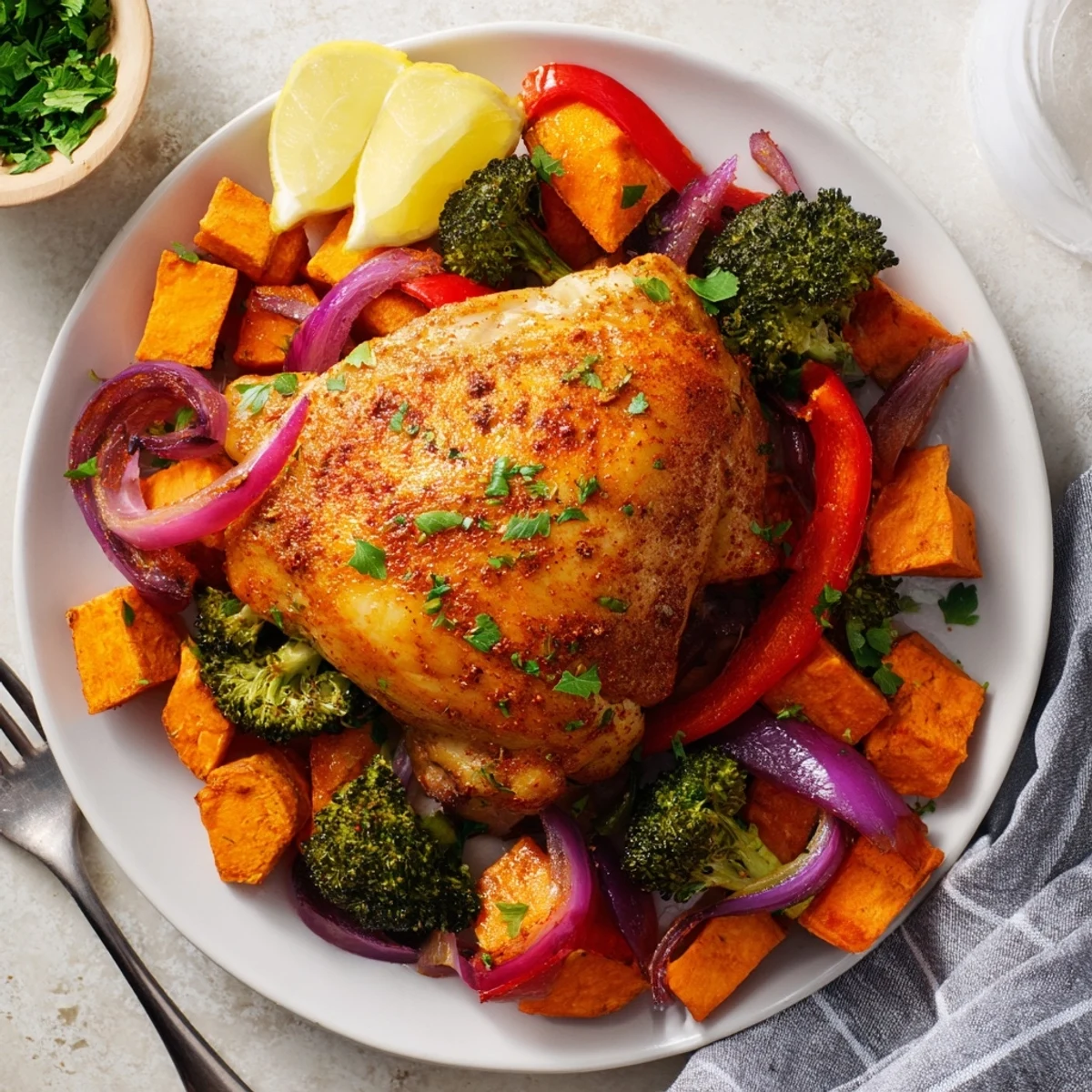 Juicy One-Pan Chicken and Sweet Potato Bake, filled with vibrant roasted vegetables.  