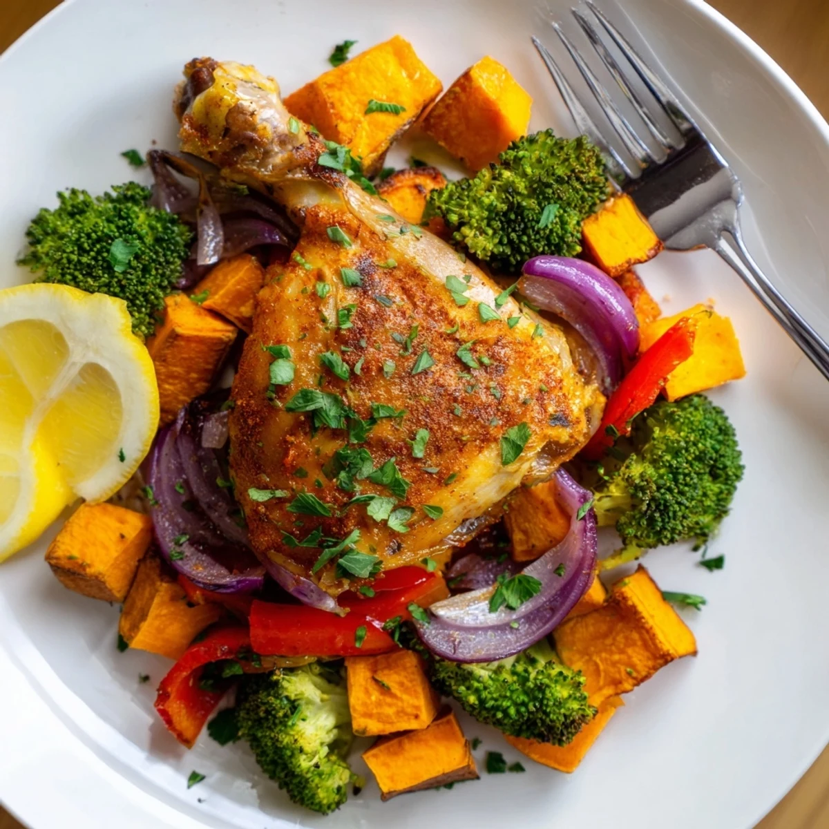 Flavorful One-Pan Chicken and Sweet Potato Bake, garnished with fresh parsley and lemon.