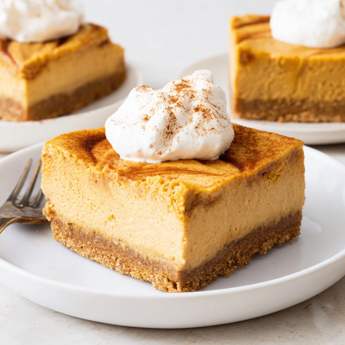 Creamy spiced pumpkin cheesecake bars on a graham cracker crust, perfect for fall desserts.  
