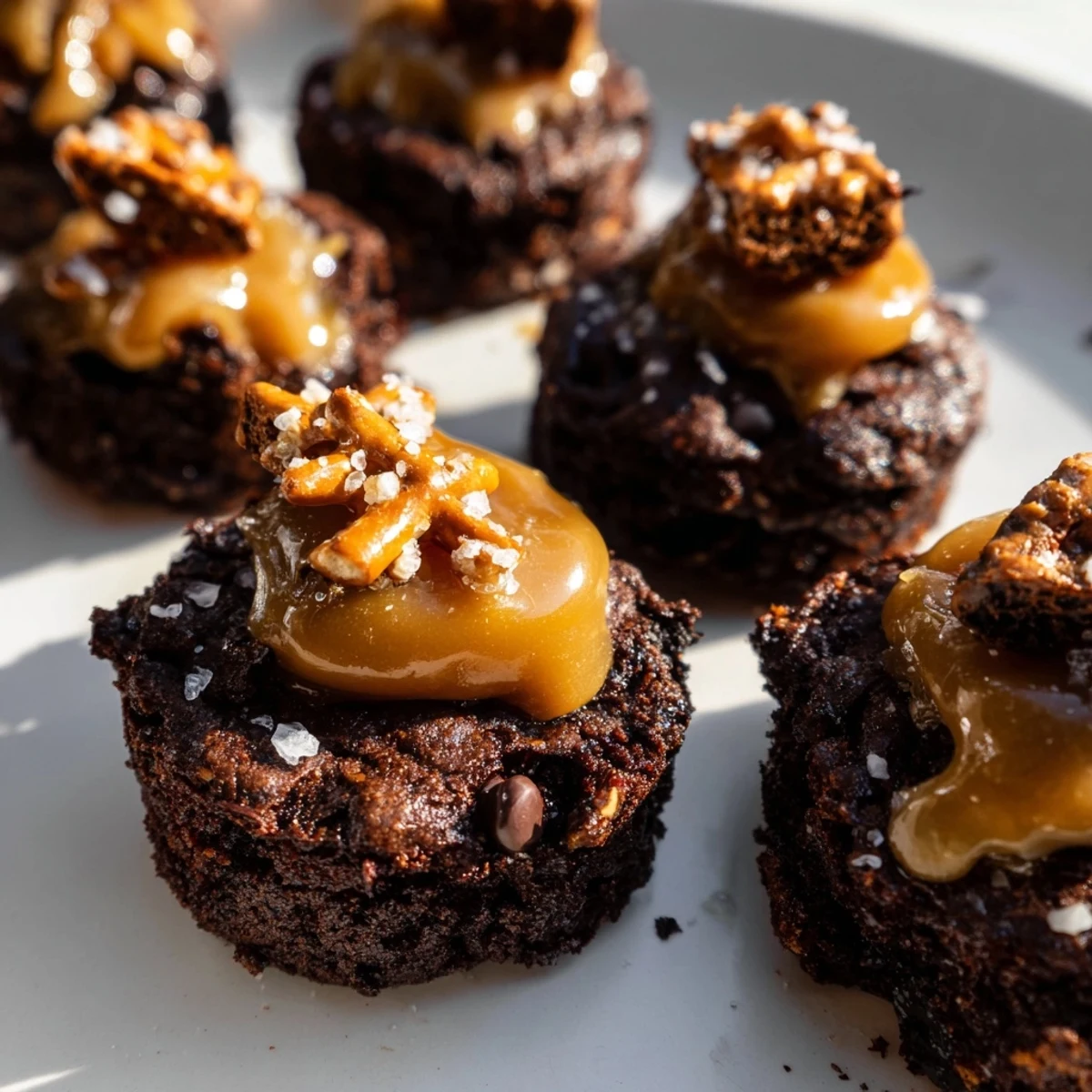 Rich salted caramel pretzel brownie bites topped with crunchy pretzel pieces, irresistible flavor.  