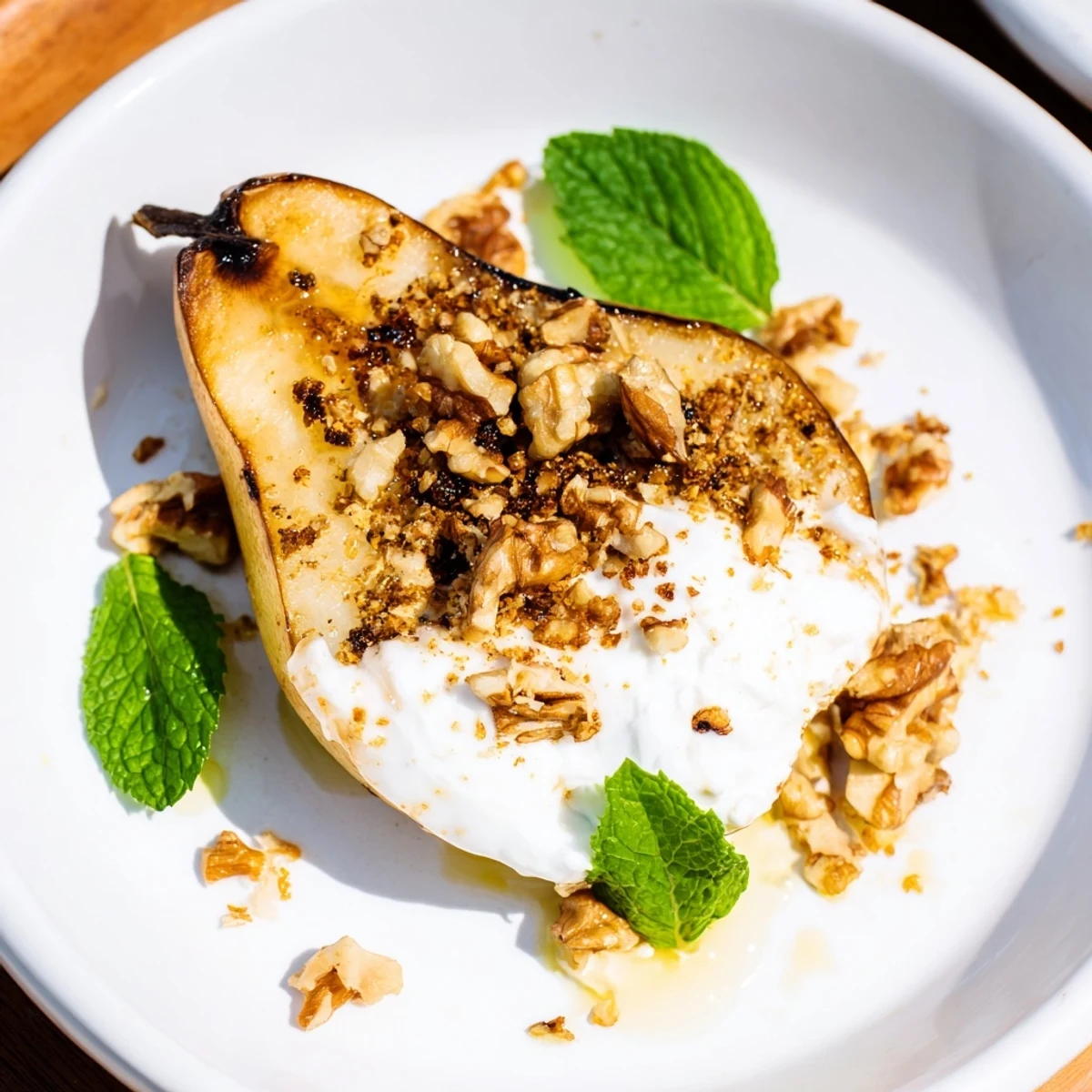Warm, caramelized roasted pears with cinnamon, walnuts, and Greek yogurt—a perfect dessert.
