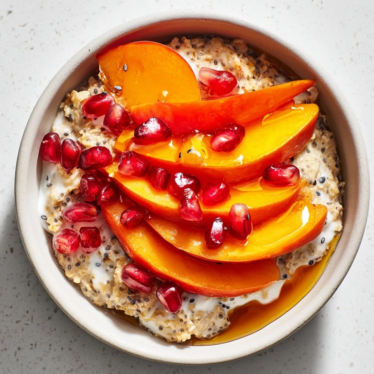Overnight Oats with Persimmon: A vibrant, layered bowl with creamy oats, juicy pomegranate & persimmon slices.