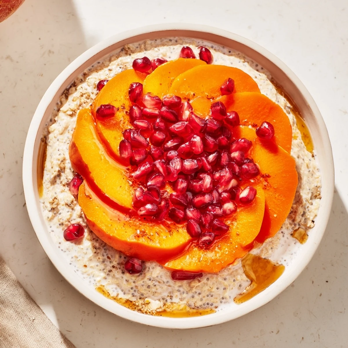 Freshly prepared Overnight Oats with Persimmon, showing the creamy texture alongside sweet pomegranate seeds.