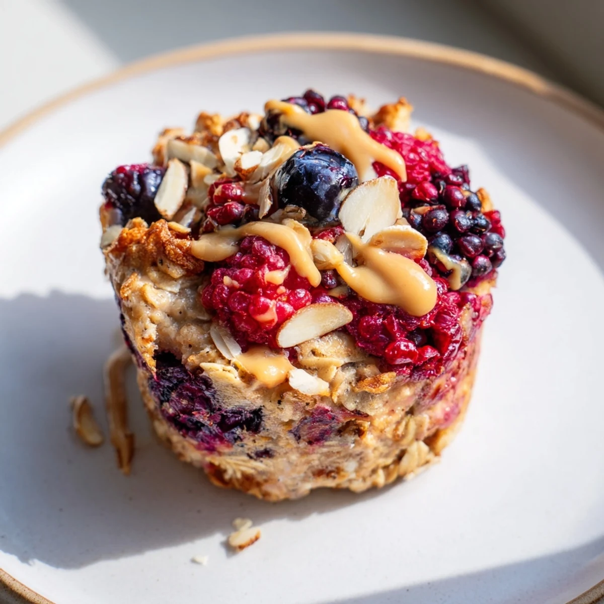Golden baked oatmeal cups studded with winter berries and a swirl of almond butter; ready to eat.
