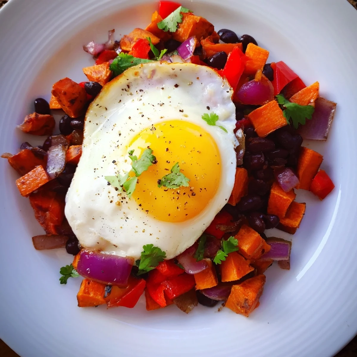 This skillet showcases a vibrant, steaming Sweet Potato & Black Bean Breakfast Hash, ready to serve and enjoy.