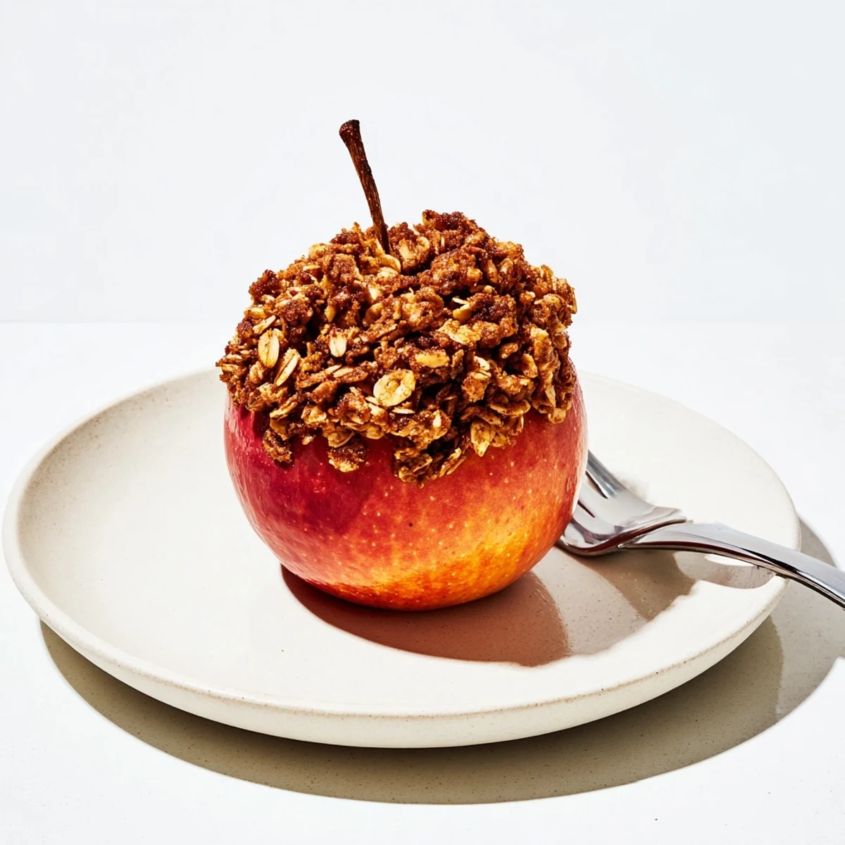 Golden baked apples with oat-nut crumble, perfect dessert, offering warm spice aromas and textures.