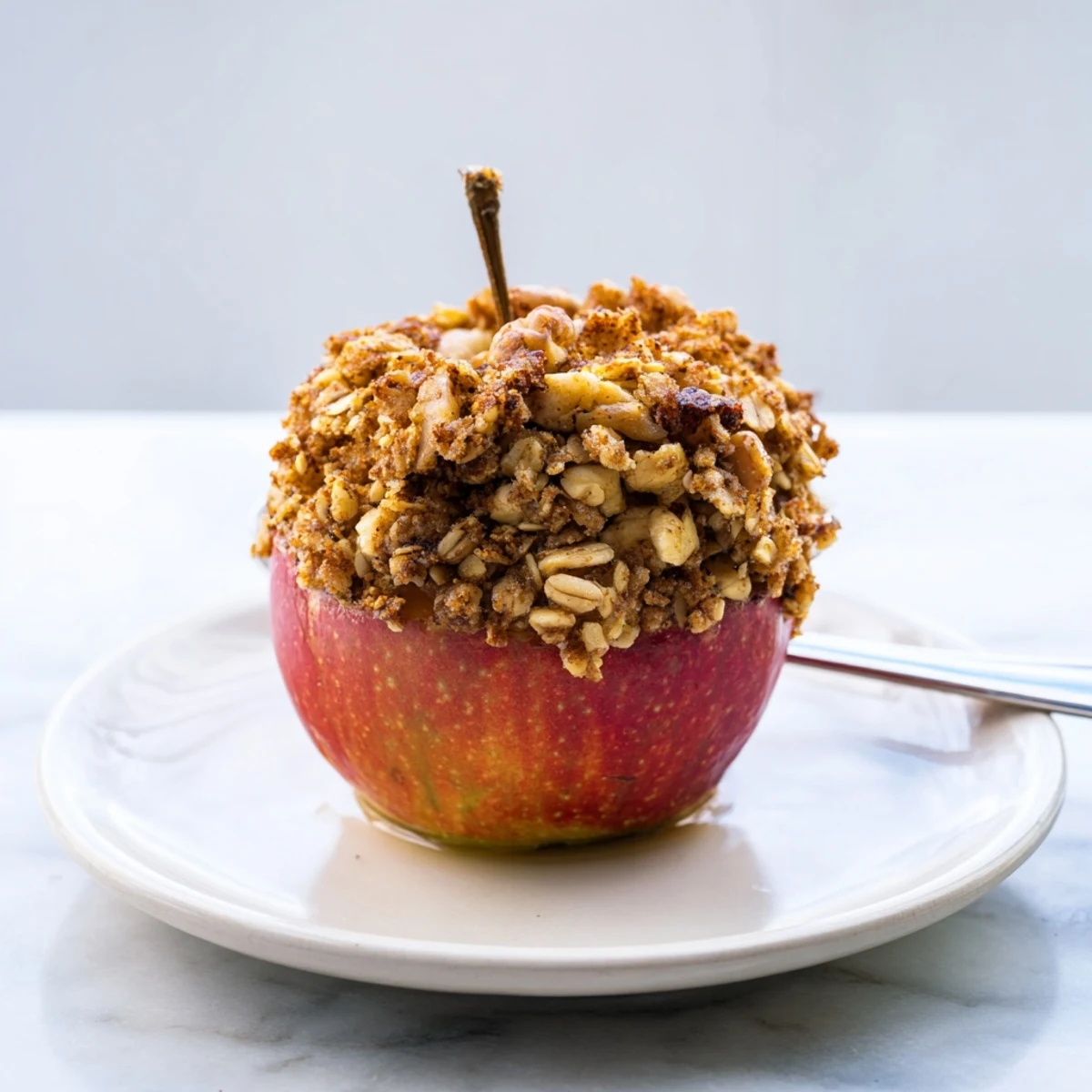 Up-close shot of Baked Apples with Oat-Nut Crumble showing the crispy topping and soft apples.
