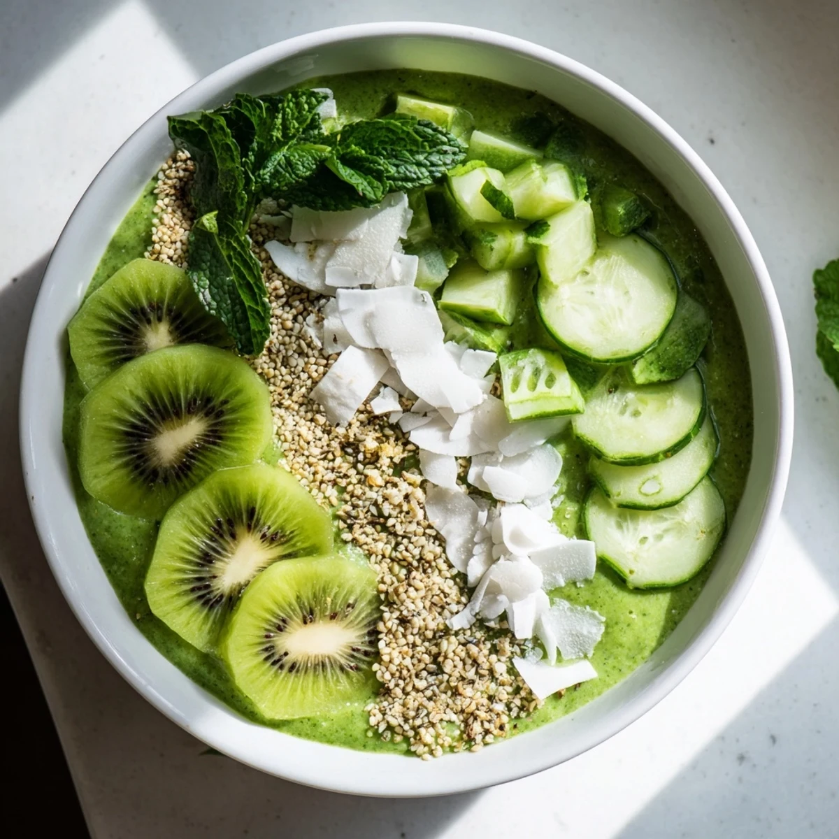 Creamy green smoothie bowl with kale, kiwi, toppings, and hemp seeds, ready for breakfast.