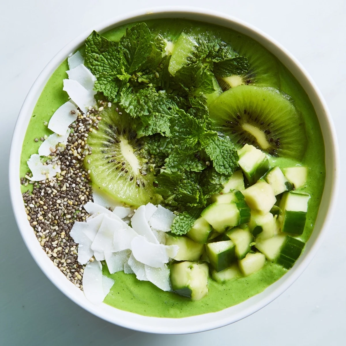 A beautifully arranged green smoothie bowl with kale and avocado, a refreshing and nutritious meal.