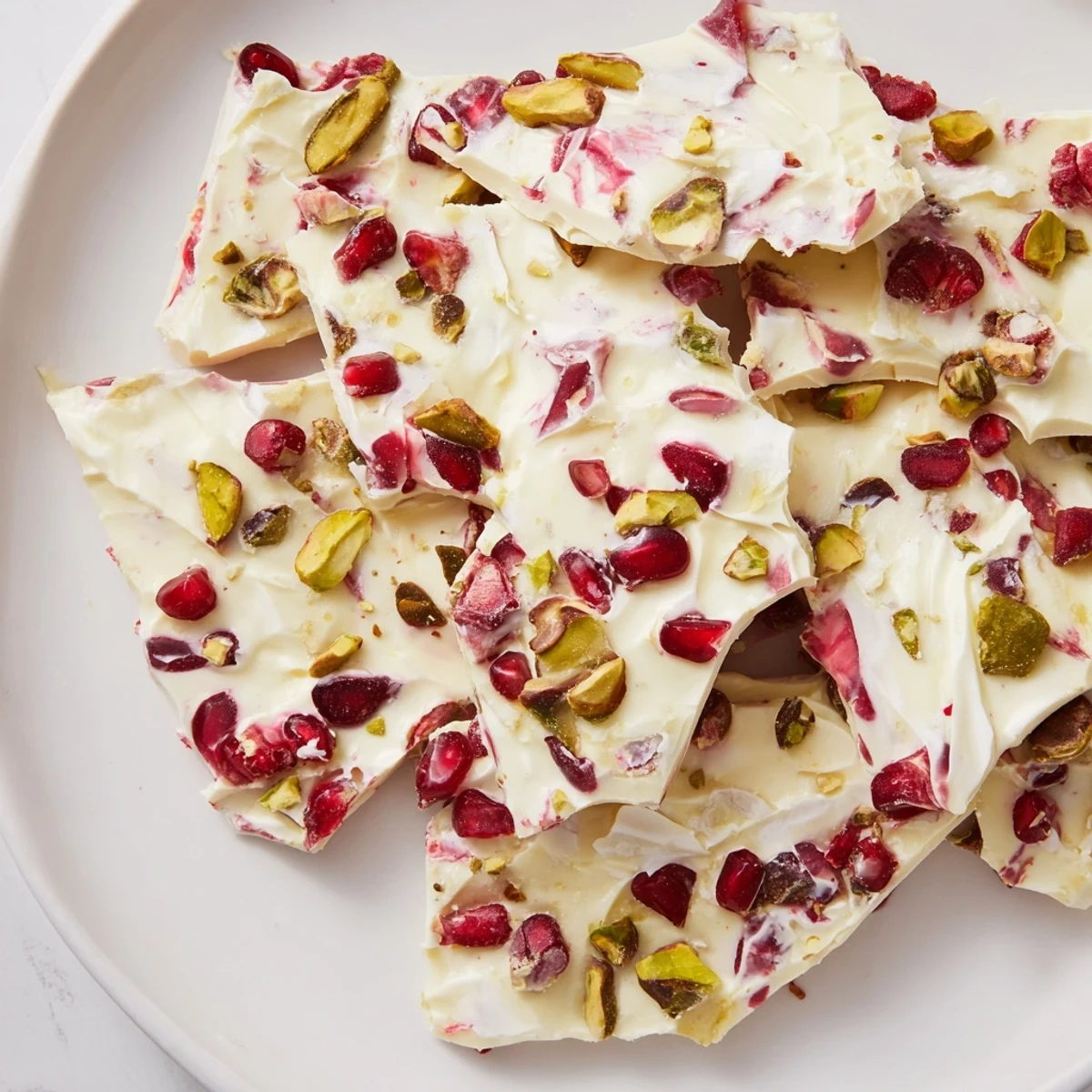 Vibrant frozen yogurt bark showcasing pomegranate jeweled toppings and pistachio crumbles, ready to savor.