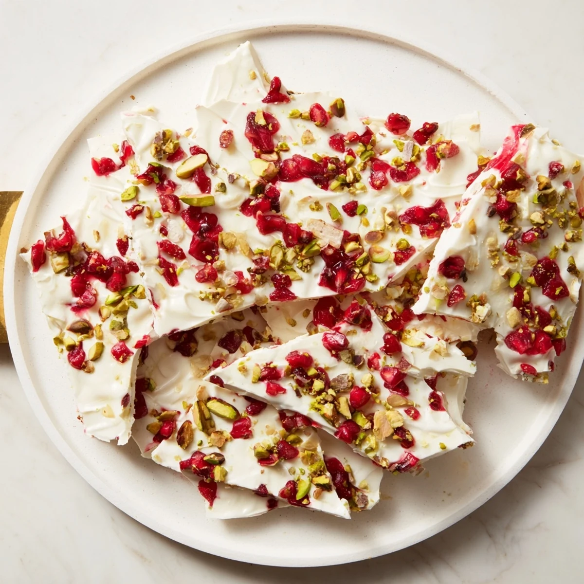 Frozen Yogurt Bark topped with pomegranate and pistachios, a stunning, refreshing frozen dessert.