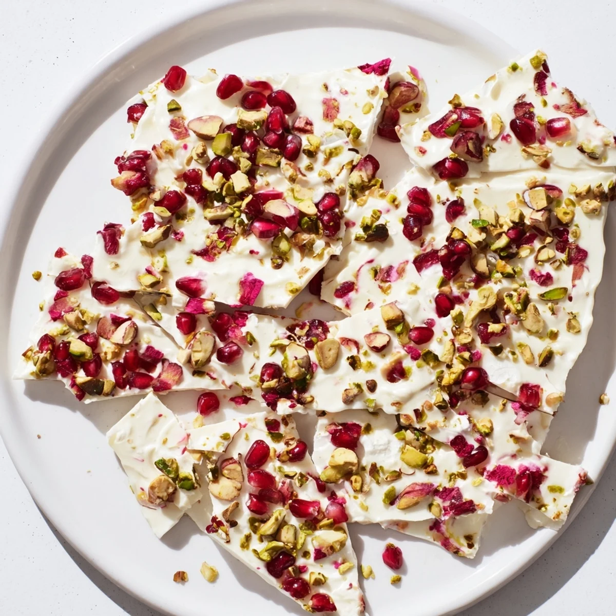 Enjoy a colorful bite of homemade frozen yogurt bark, with sweet pomegranate seeds and crunchy pistachios.