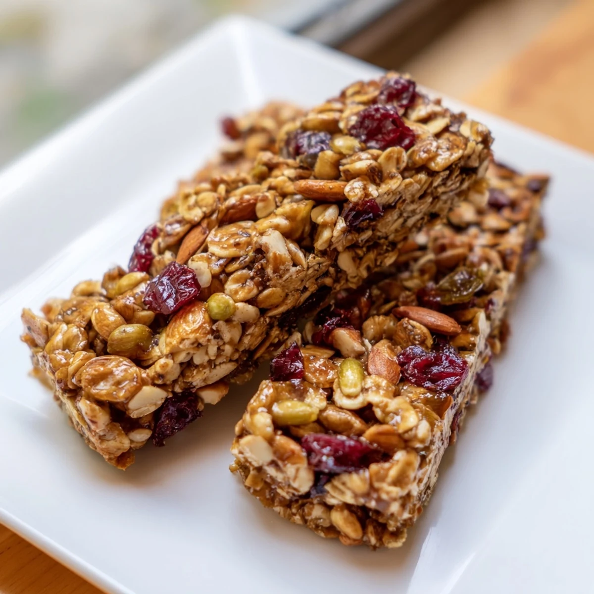 Close-up of freshly baked Roasted Pumpkin Seed & Cranberry Granola Bars, showing the tasty texture.