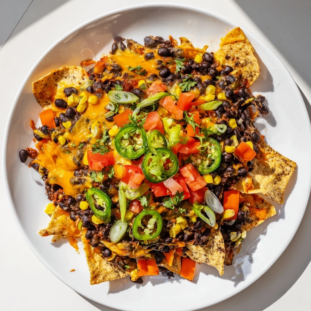 Enjoy a close-up of sheet-pan nachos, loaded with fresh toppings and ready for serving.