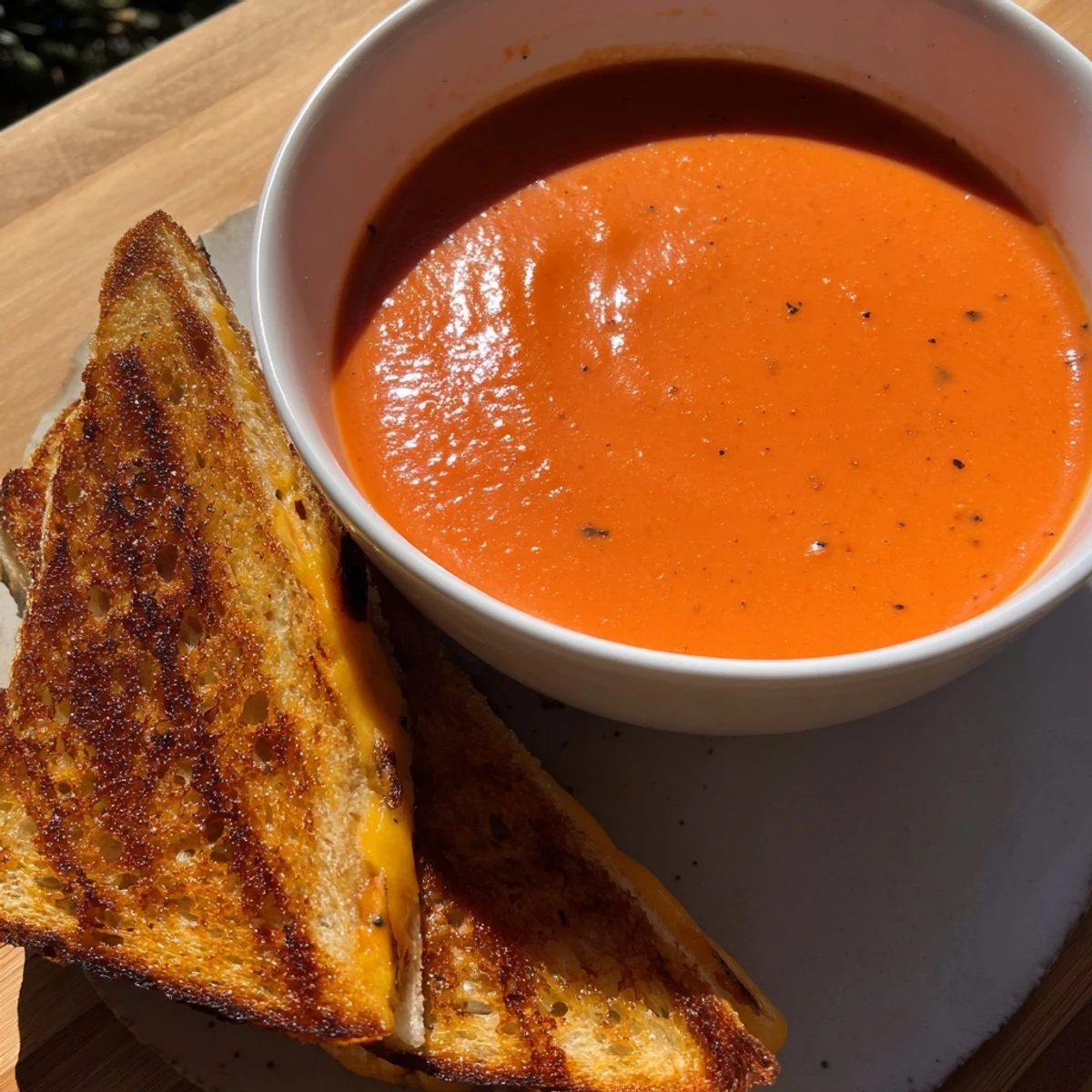Steaming bowl of 5-Ingredient Tomato Soup and grilled cheese, ready for dipping on this cozy day.