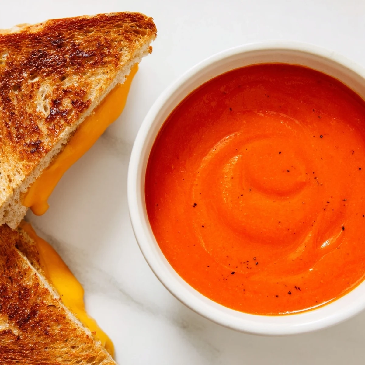 Golden-brown grilled cheese strips alongside a smooth, vibrant 5-Ingredient Tomato Soup for a comforting meal.