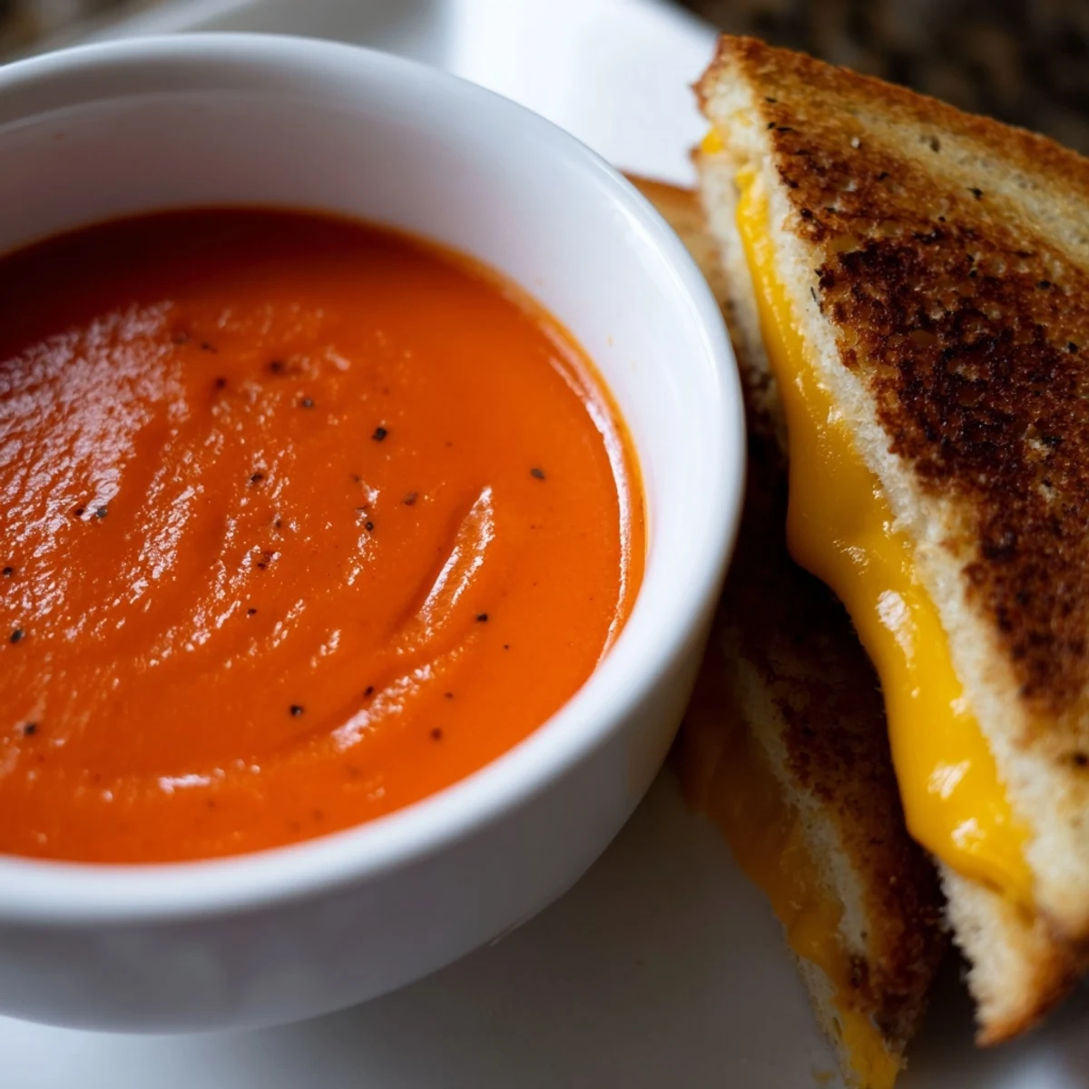 Melted cheddar oozing from grilled sandwiches, perfect for dunking into this creamy 5-Ingredient Tomato Soup.