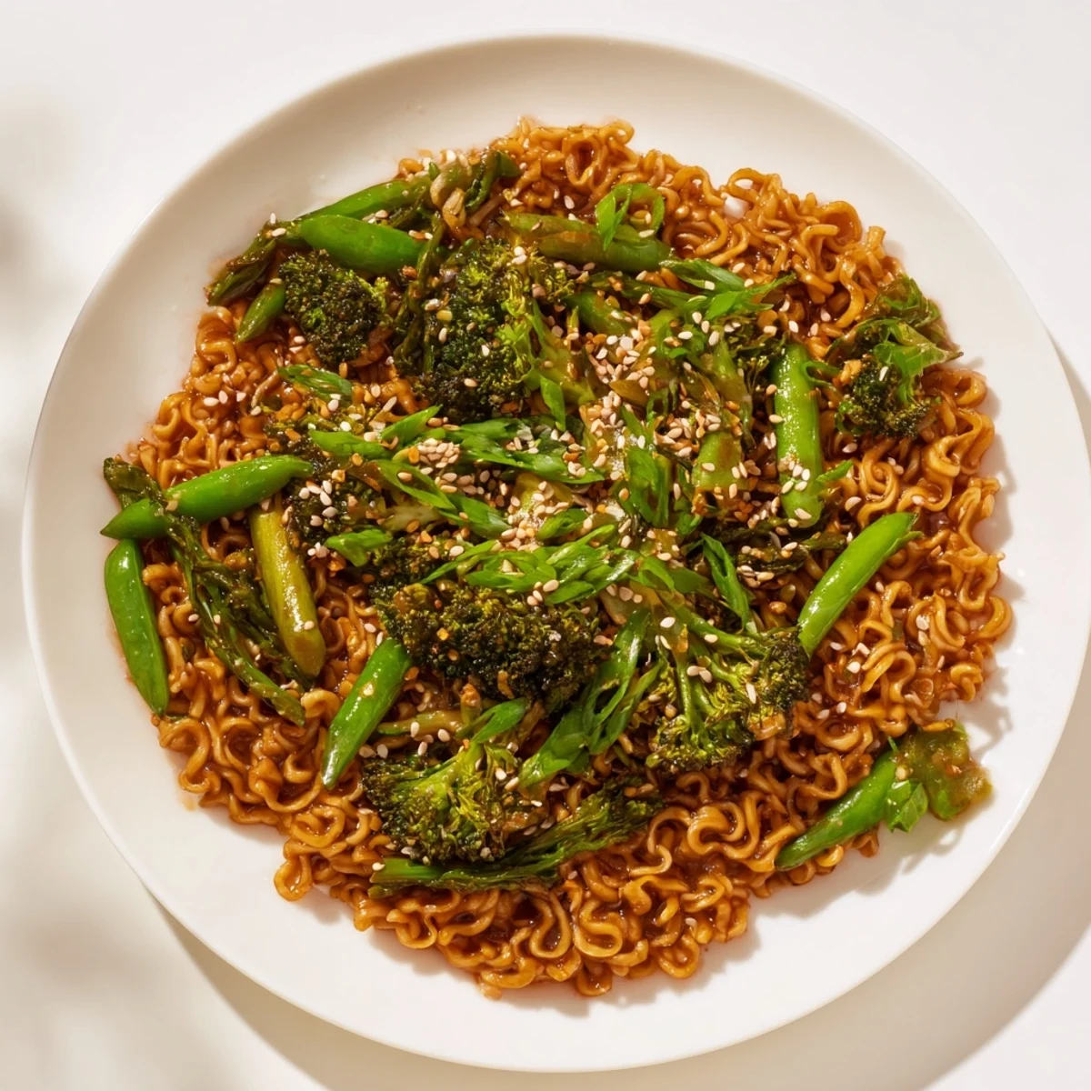 Weeknight delight: a close-up of the flavorful Ramen Noodle Stir-Fry Remix's saucy noodles and veggies.