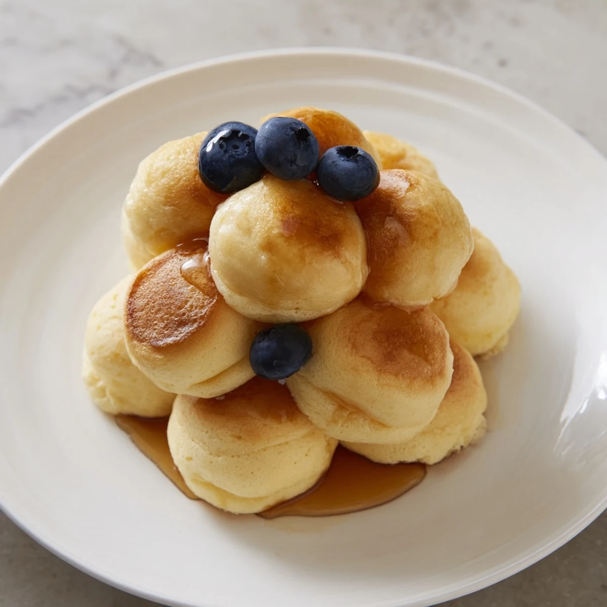 Golden, miniature pancake cereal, a delightful breakfast treat, served with fresh berries.