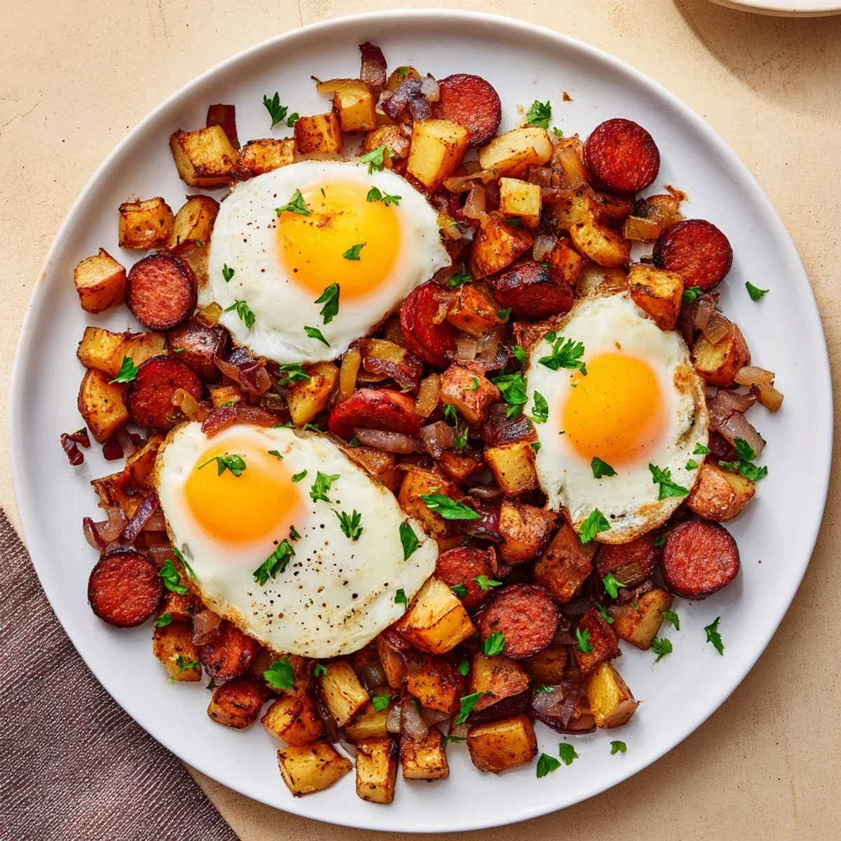 Golden-brown Egg & Potato Hash with hot dogs, a savory, sizzling skillet meal ready to devour.