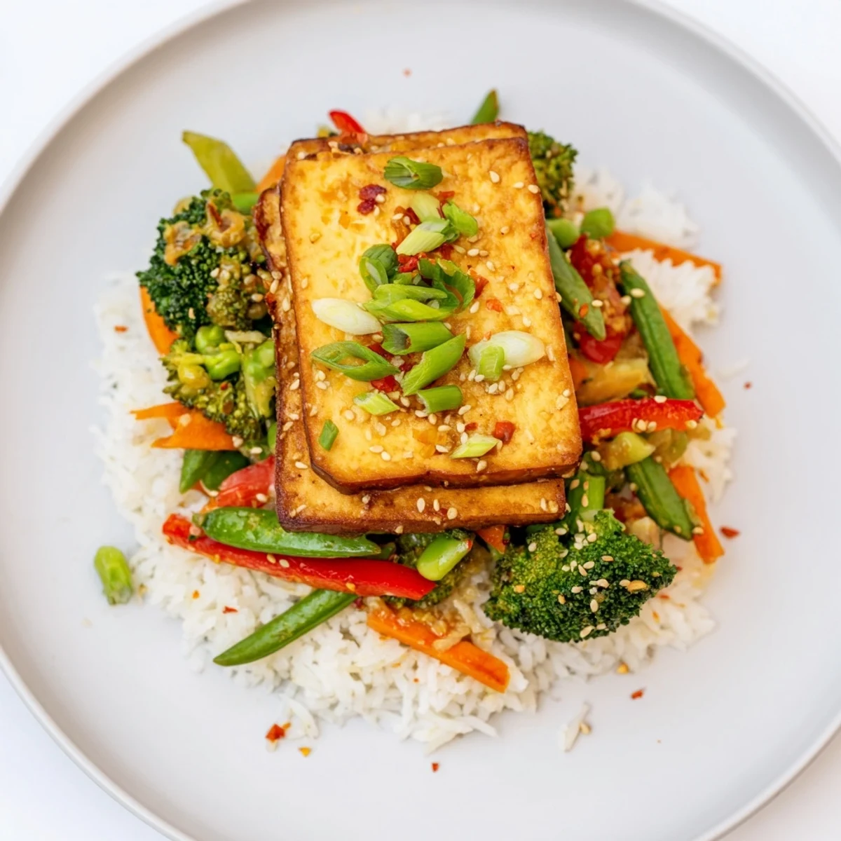 A plate of fresh, flavorful Pressed Tofu Steaks, ready to eat with a sprinkle of sesame seeds.
