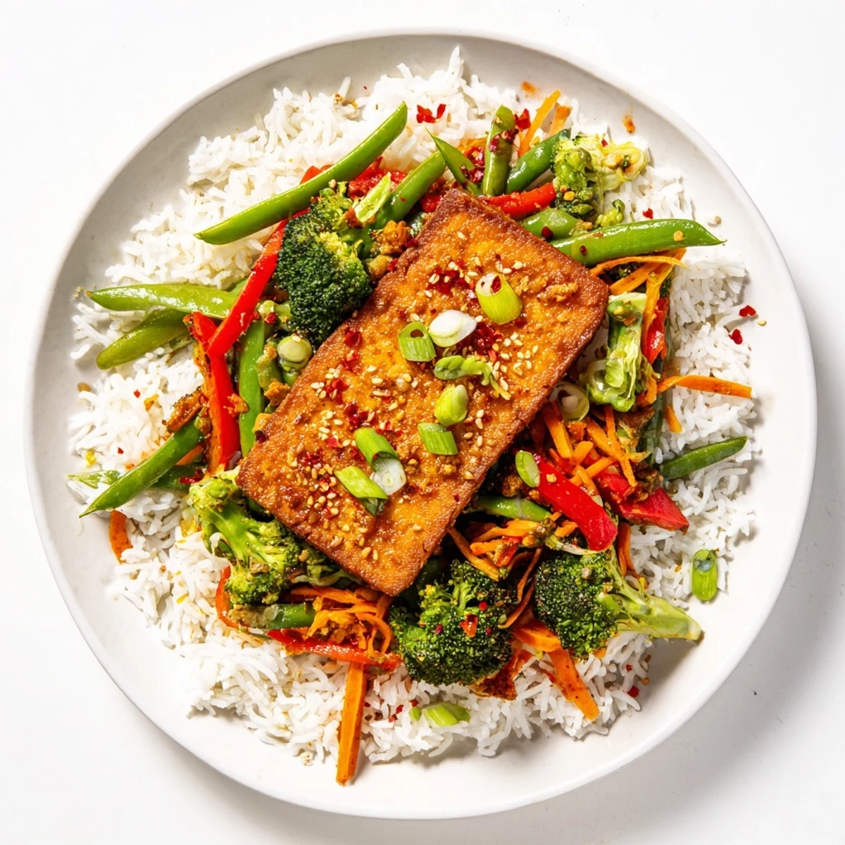 Golden-brown pressed tofu steaks sit atop colorful stir-fried vegetables with fluffy rice.