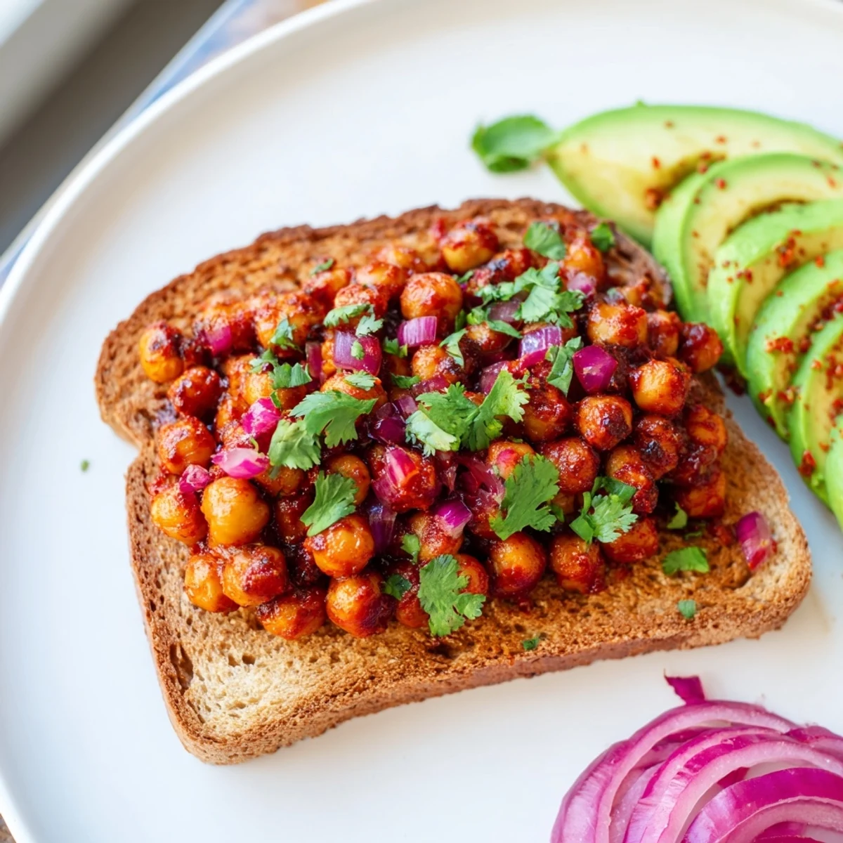 Golden, toasted bread piled high with smoky BBQ chickpeas, garnished with fresh cilantro.