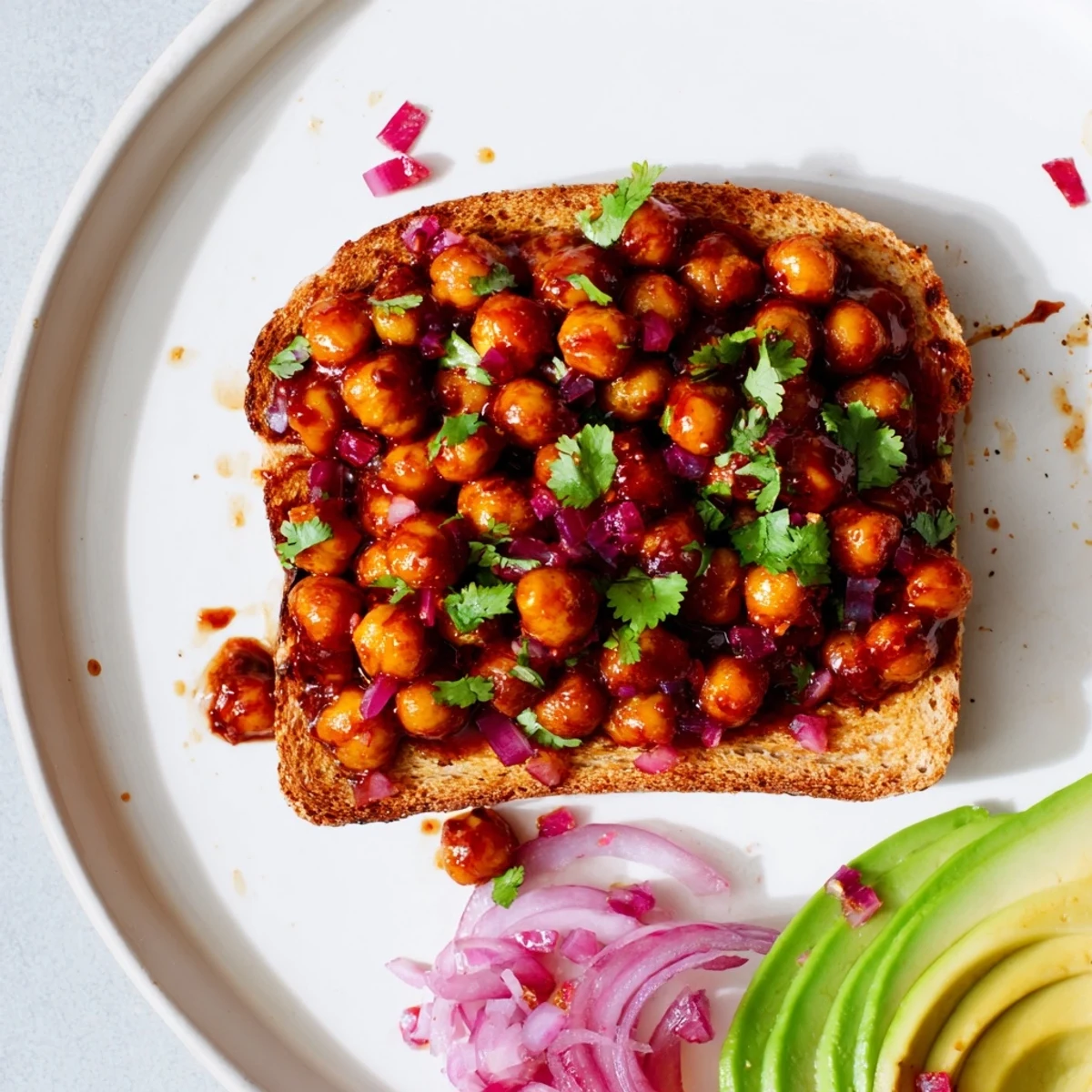 Close-up of savory BBQ chickpeas on toast, showing the texture and delicious sauce.