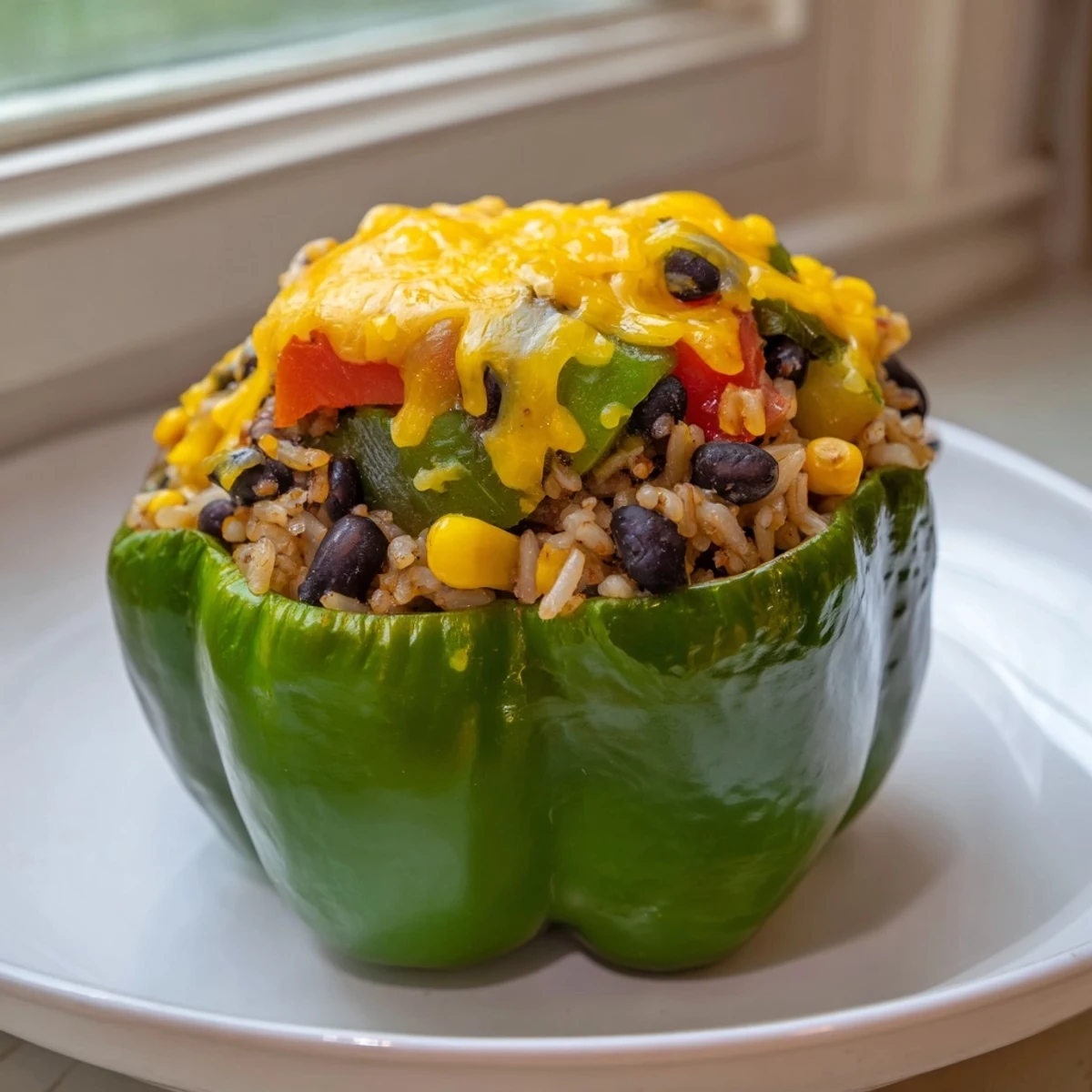 Golden-brown, cheesy stuffed bell peppers bursting with a savory rice and bean filling, ready to serve.