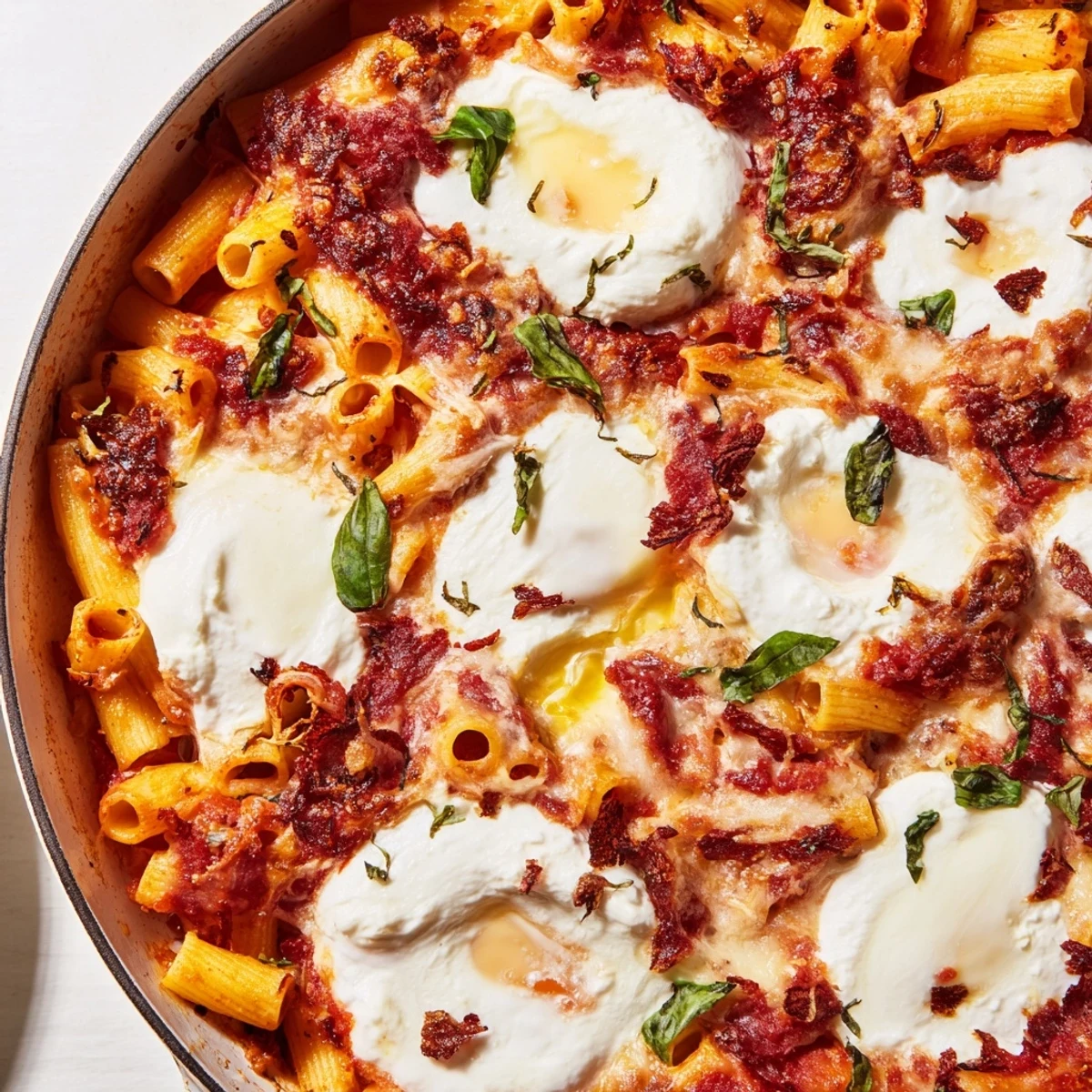 Golden-brown One-Pan Baked Ziti, showcasing a creamy ricotta topping and delicious, tender pasta.