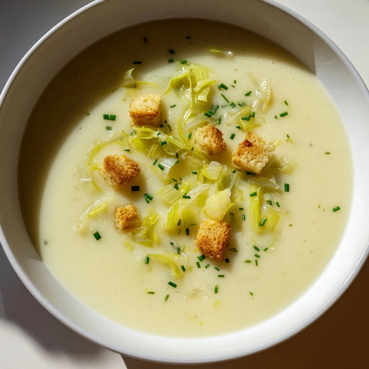 Creamy potato leek soup, steaming hot in a bowl, garnished with fresh chives, ready to eat.