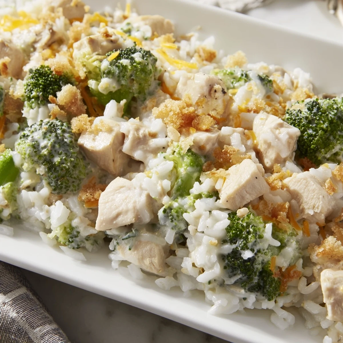 Chicken & Broccoli Rice Casserole bubbling golden-brown, a comforting family-friendly American dinner with tender chicken.