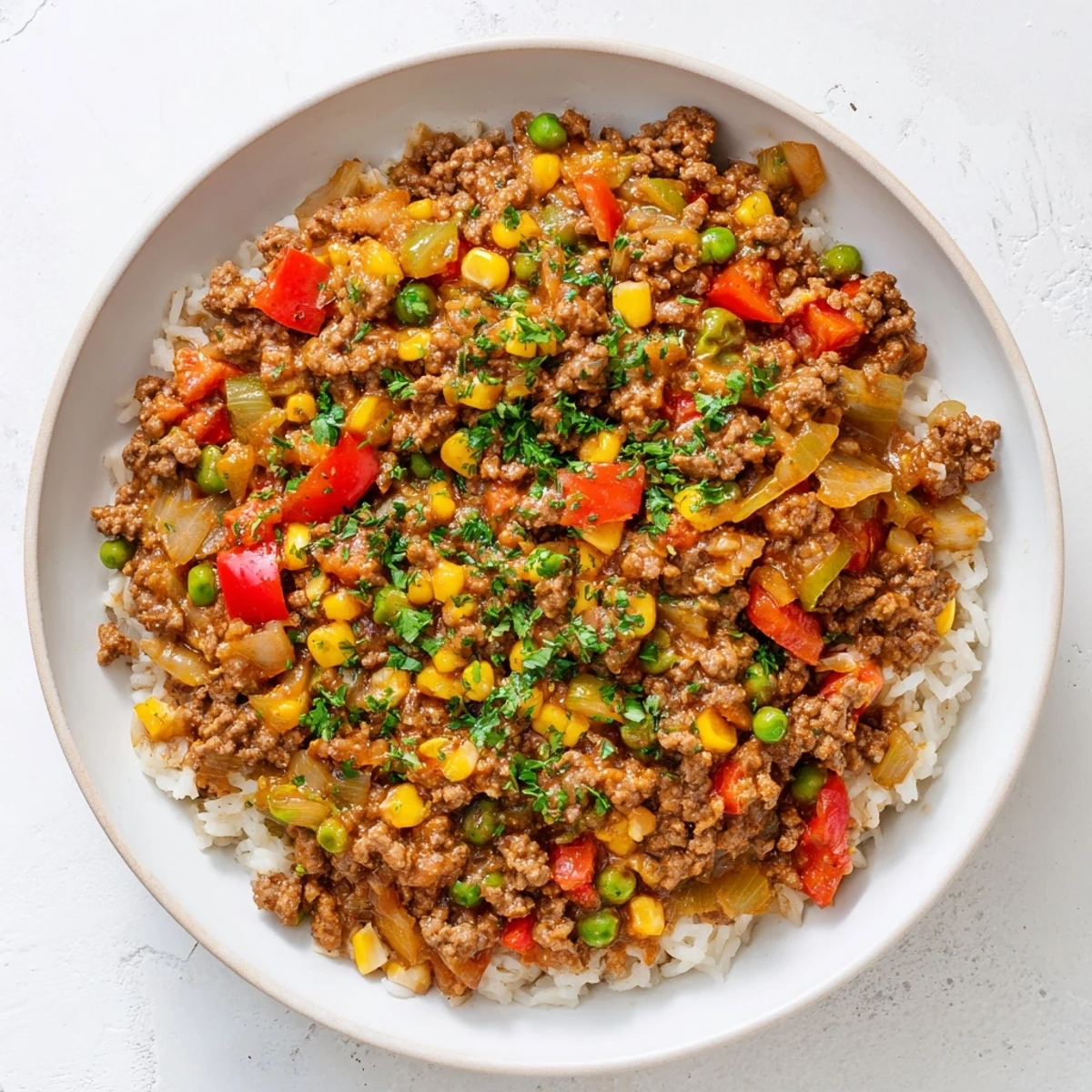 Ground Beef Skillet with Veggies & Rice, a colorful skillet meal, ready to serve, is steaming.